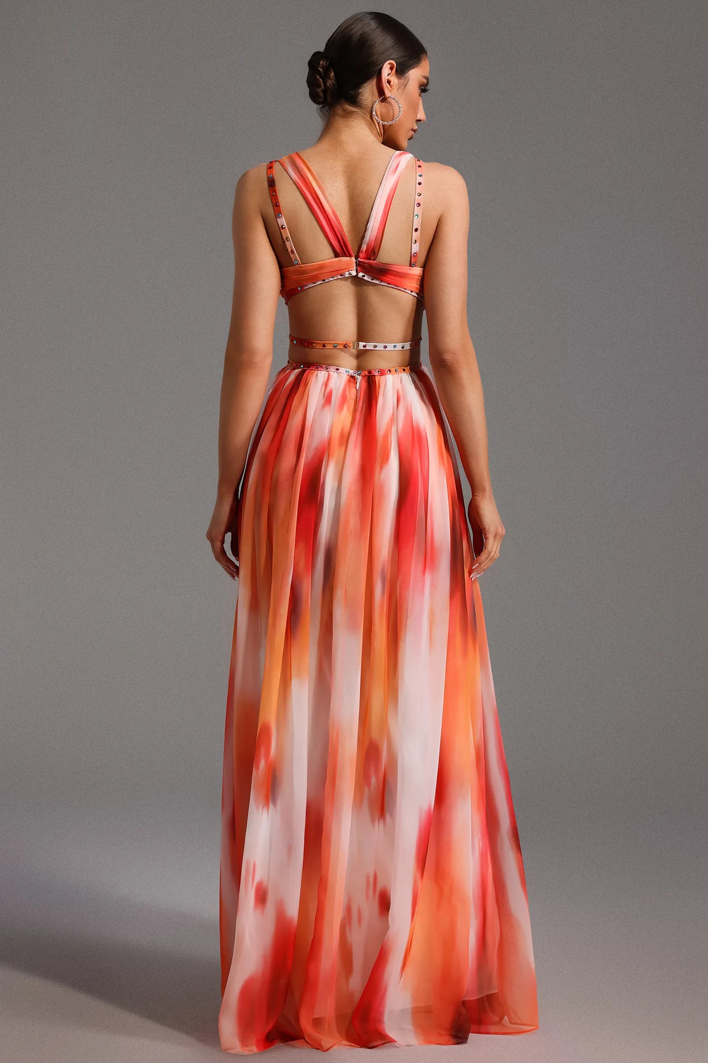 Deep V Neck Printed Cutout Maxi Dress