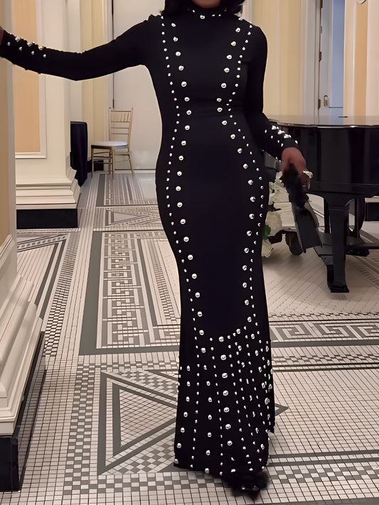 (⏰Last Day Promotion $10 OFF)Elegant Mock Neck Studded Maxi Dress
