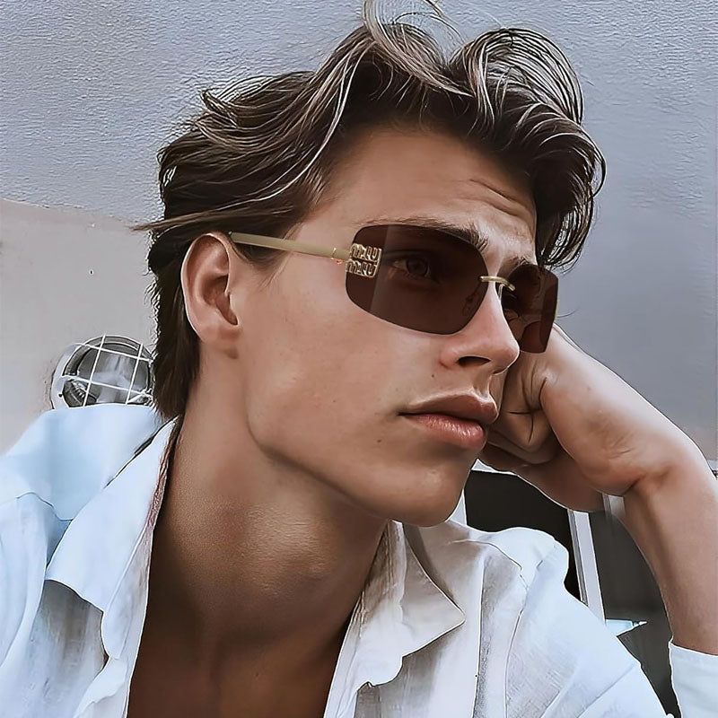 Rimless Y2K Sunglasses for Women Men Fashion Wrap Around Frame Trendy Shield Frameless Design