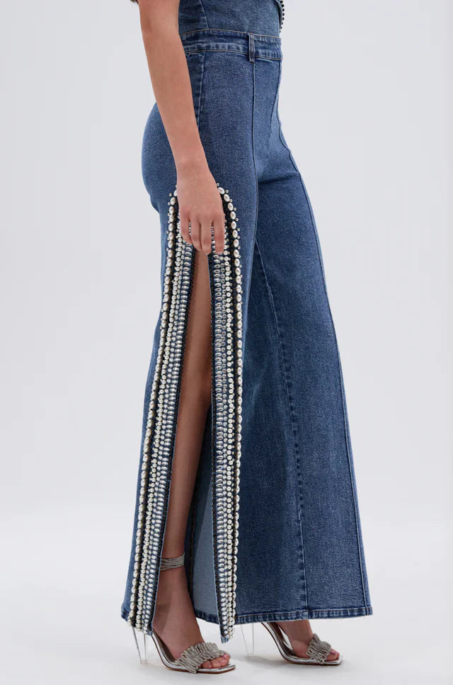 Luxury Denim Asymmetric Pearl Bodysuit + Side Slit Jeans