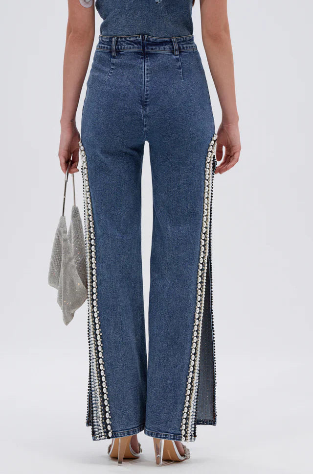 Luxury Denim Asymmetric Pearl Bodysuit + Side Slit Jeans