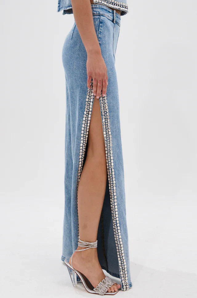 Popping Out Rhinestone Denim Shirt Jeans 2-Piece Set