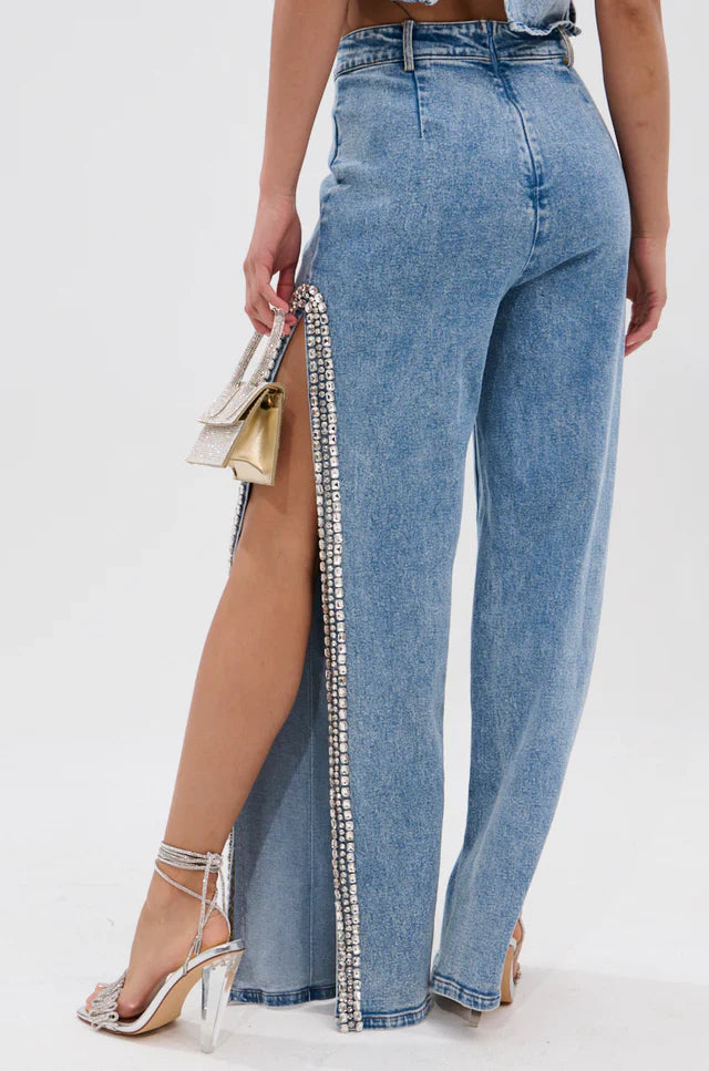 Popping Out Rhinestone Denim Shirt Jeans 2-Piece Set