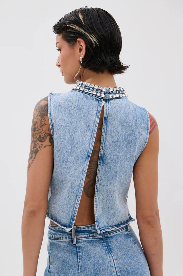 Popping Out Rhinestone Denim Shirt Jeans 2-Piece Set