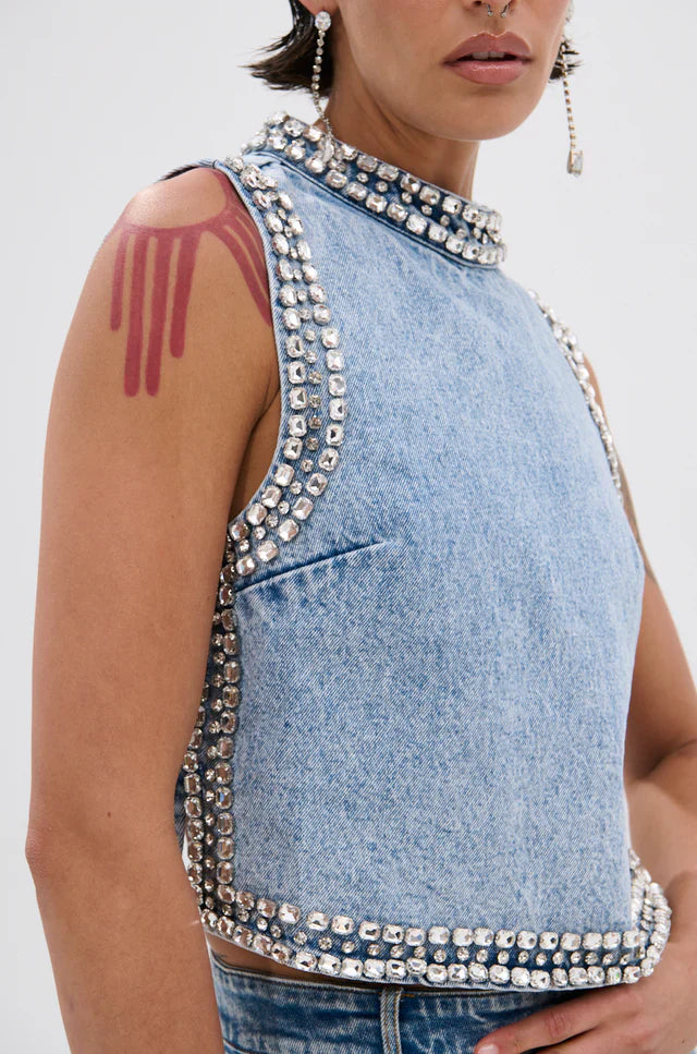 Popping Out Rhinestone Denim Shirt Jeans 2-Piece Set