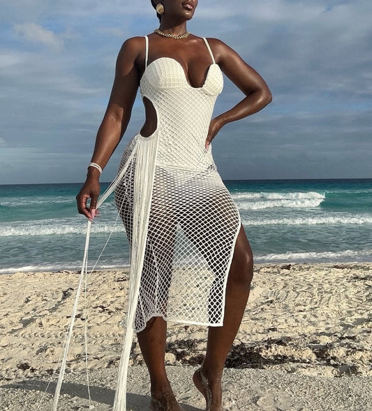 White suspender hollow tassel dress