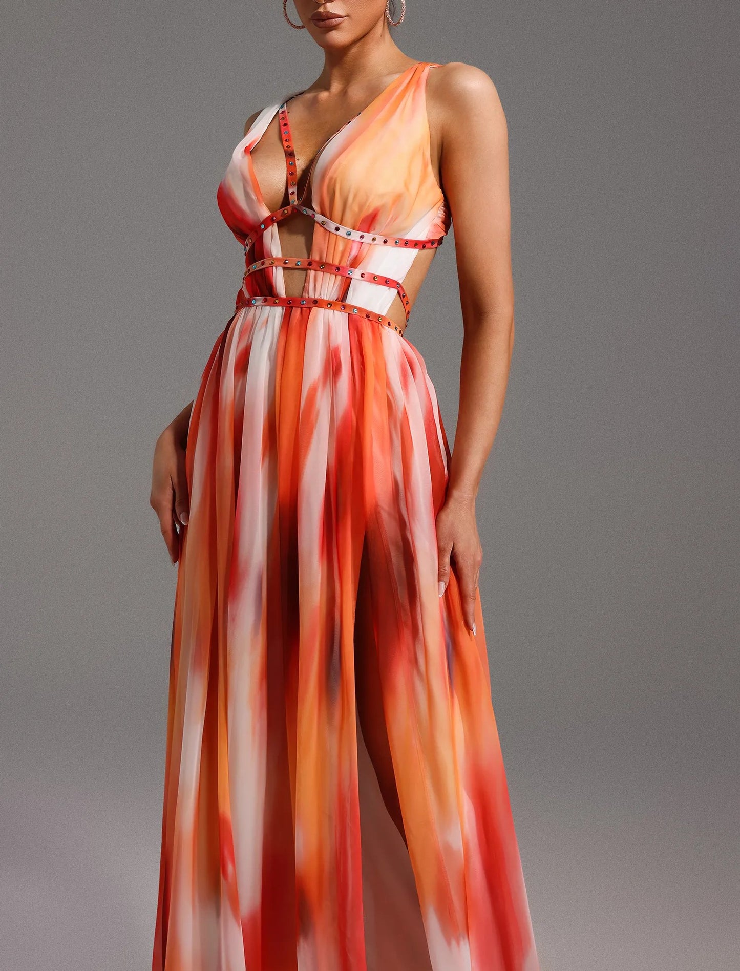 Deep V Neck Printed Cutout Maxi Dress