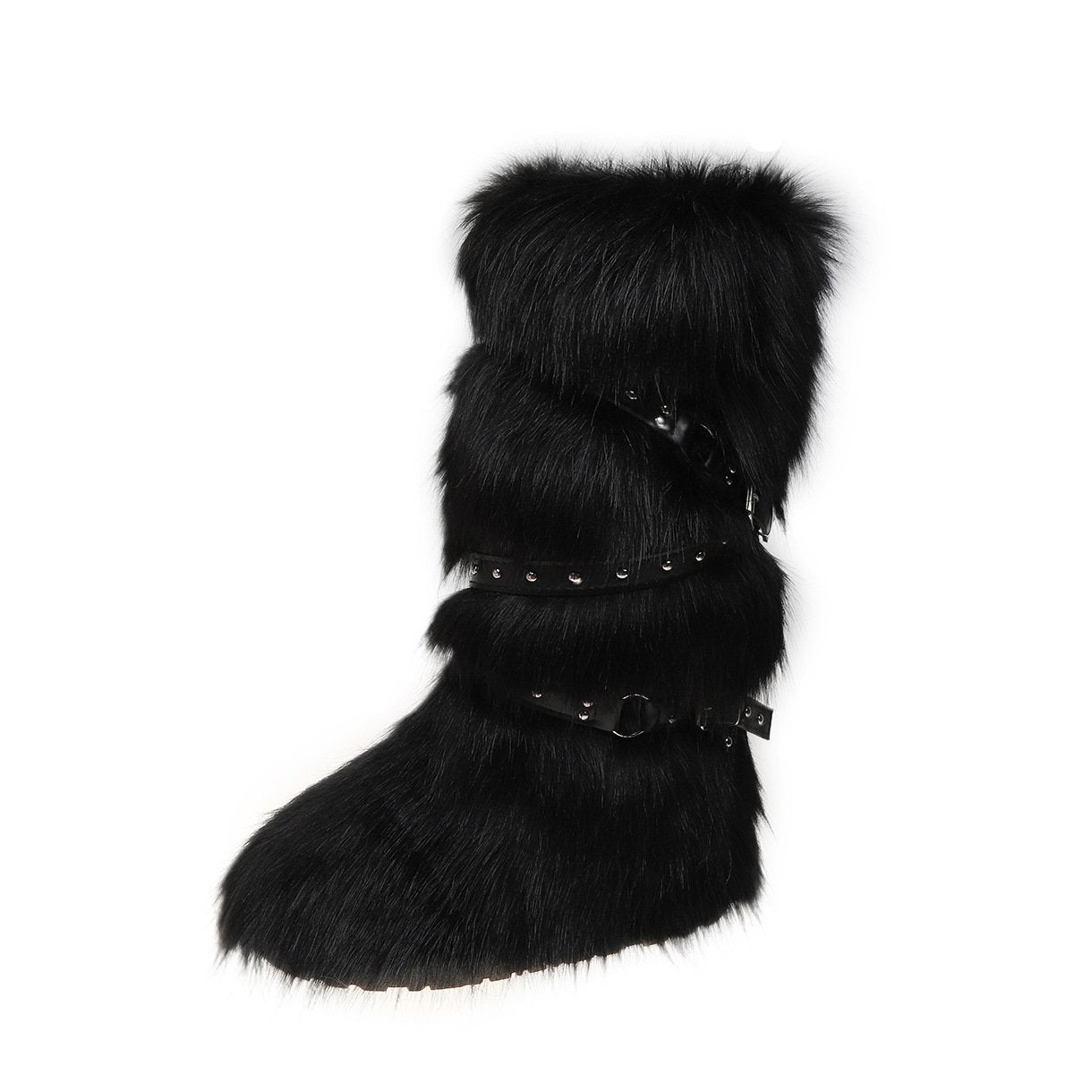 Crossed Belt Buckle Fur Fur Boots