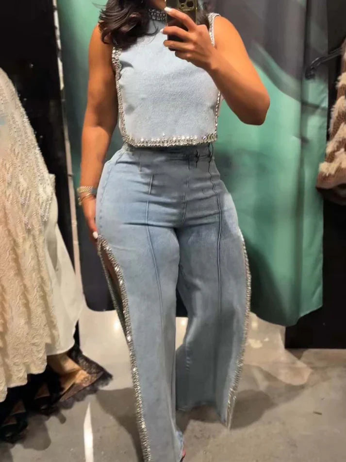 Popping Out Rhinestone Denim Shirt Jeans 2-Piece Set